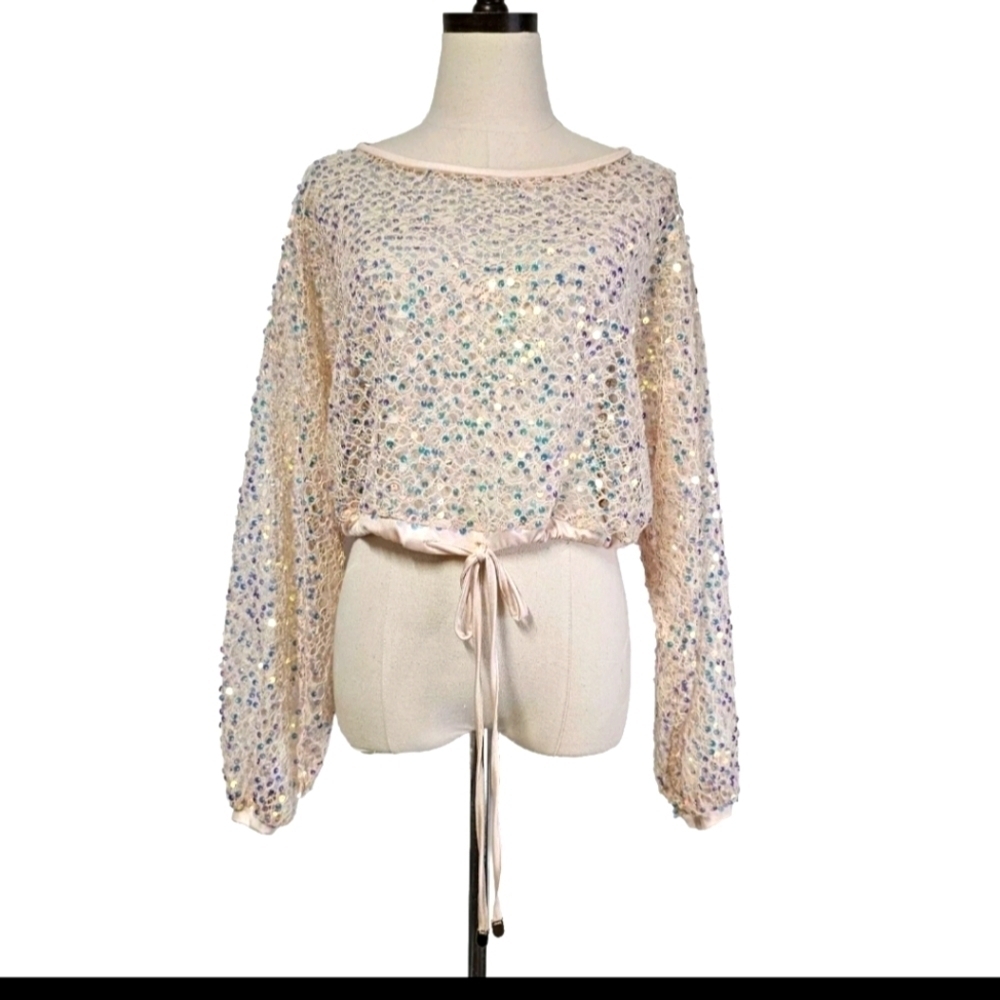 Nocturne Sie 1 /XL Holiday Party Vegas Bar Peach Sequin Glittery Mesh Crop Top